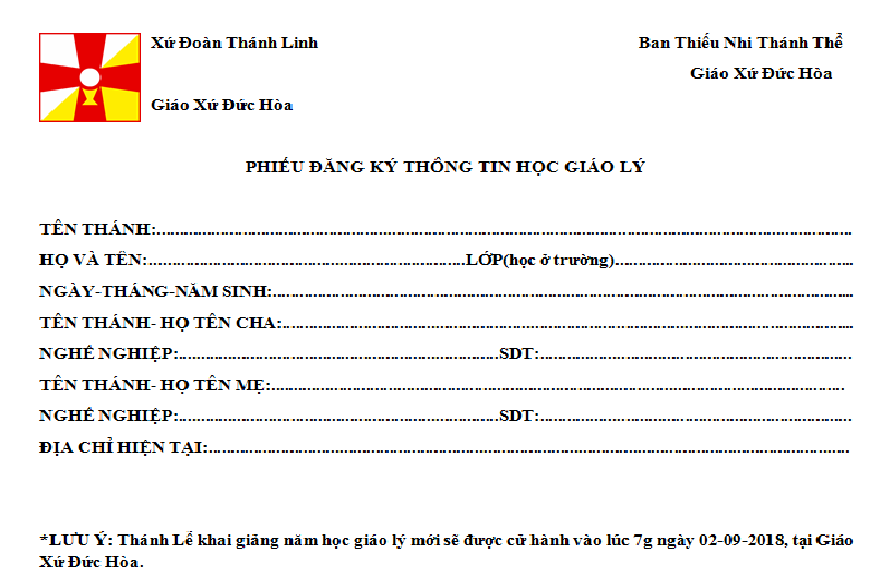 Phiếu đăng ký thông tin học giáo lý năm học 2018-2019