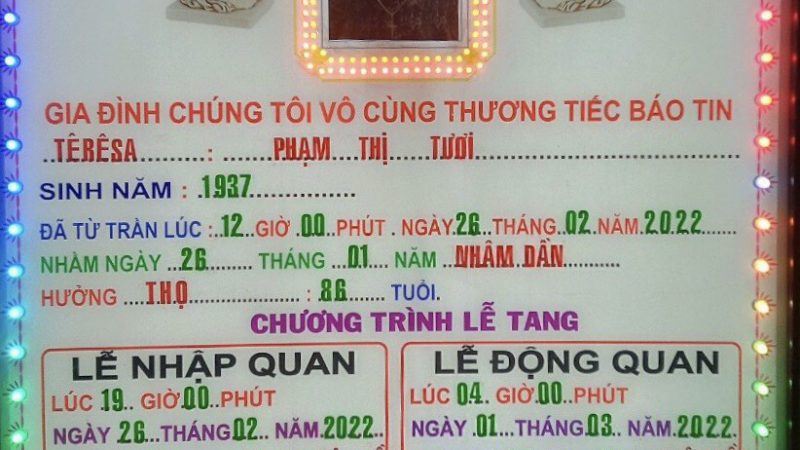 Cáo phó: Bà Têrêsa Phạm Thị Tươi