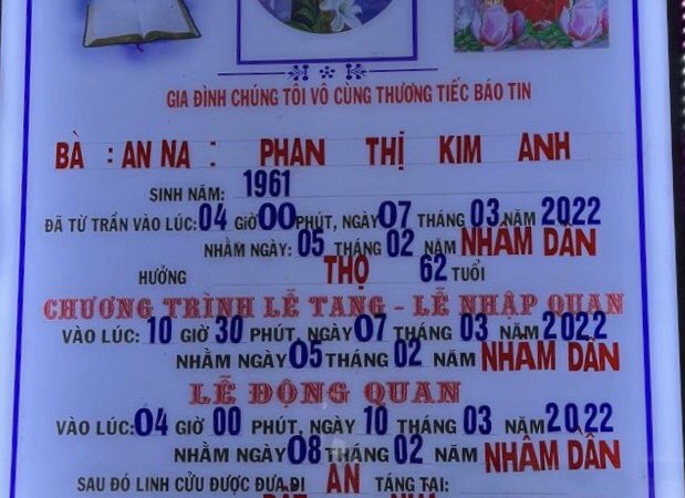 Cáo phó: Bà Anna Phan Thị Kim Anh