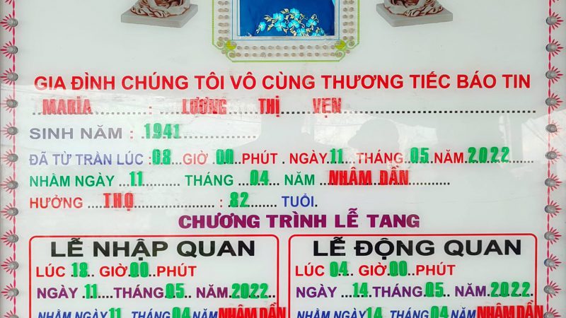 Cáo phó: Bà Maria Lương Thị Vẹn